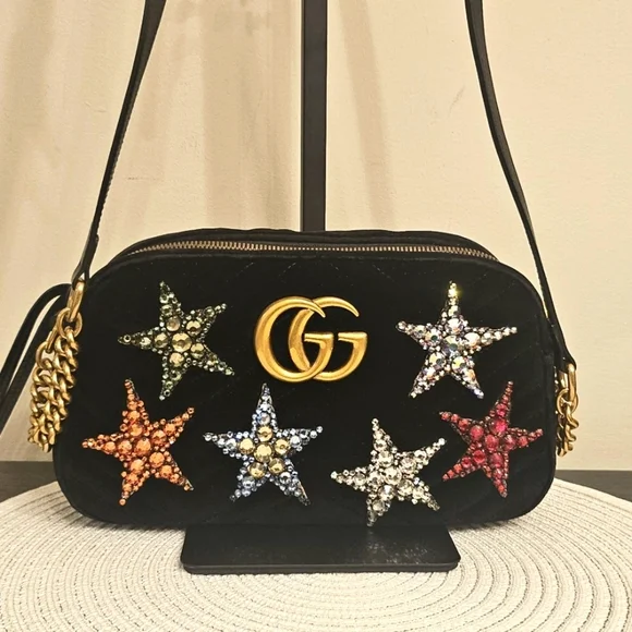 Gucci GG Marmont Velvet Camera Bag Star Crystal Embellished Black - Picture 2 of 16